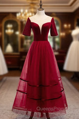 Burgundy Tulle Velvet Short Sleeve Ankle Length Evening Prom Dress