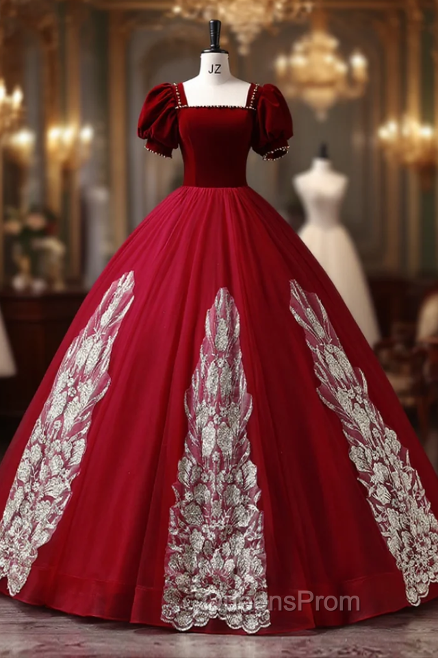 Burgundy Tulle Velvet Short Sleeve Quinceanera Dress Main image