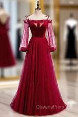 Burgundy Tulle Velvet Spaghetti Straps Long Sleeve Evening Prom Dress