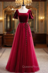 Burgundy Tulle Velvet Square Short Sleeve Evening Prom Dress