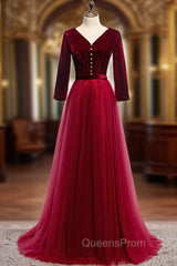 Burgundy Tulle Velvet V-neck 3/4 Sleeve Evening Prom Dress