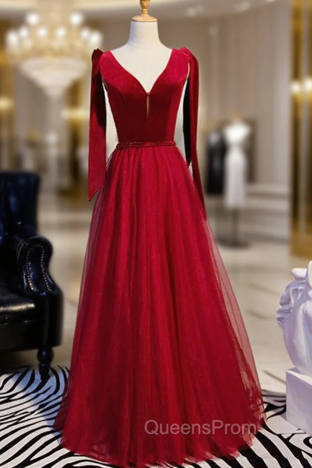 Burgundy Tulle Velvet V-neck Beading Evening Prom Dress With Bow Main image