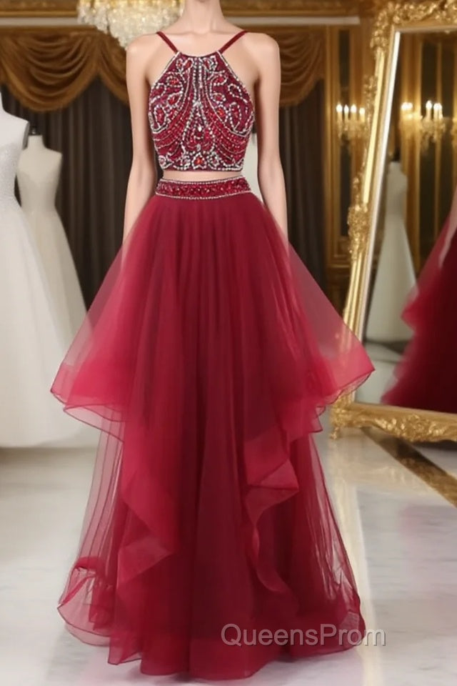 Burgundy two pieces beads long Evening Prom Dress, burgundy evening Dress Main image