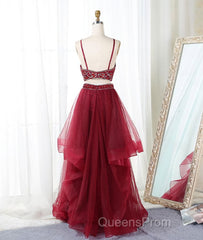 Burgundy two pieces beads long Evening Prom Dress, burgundy evening Dress