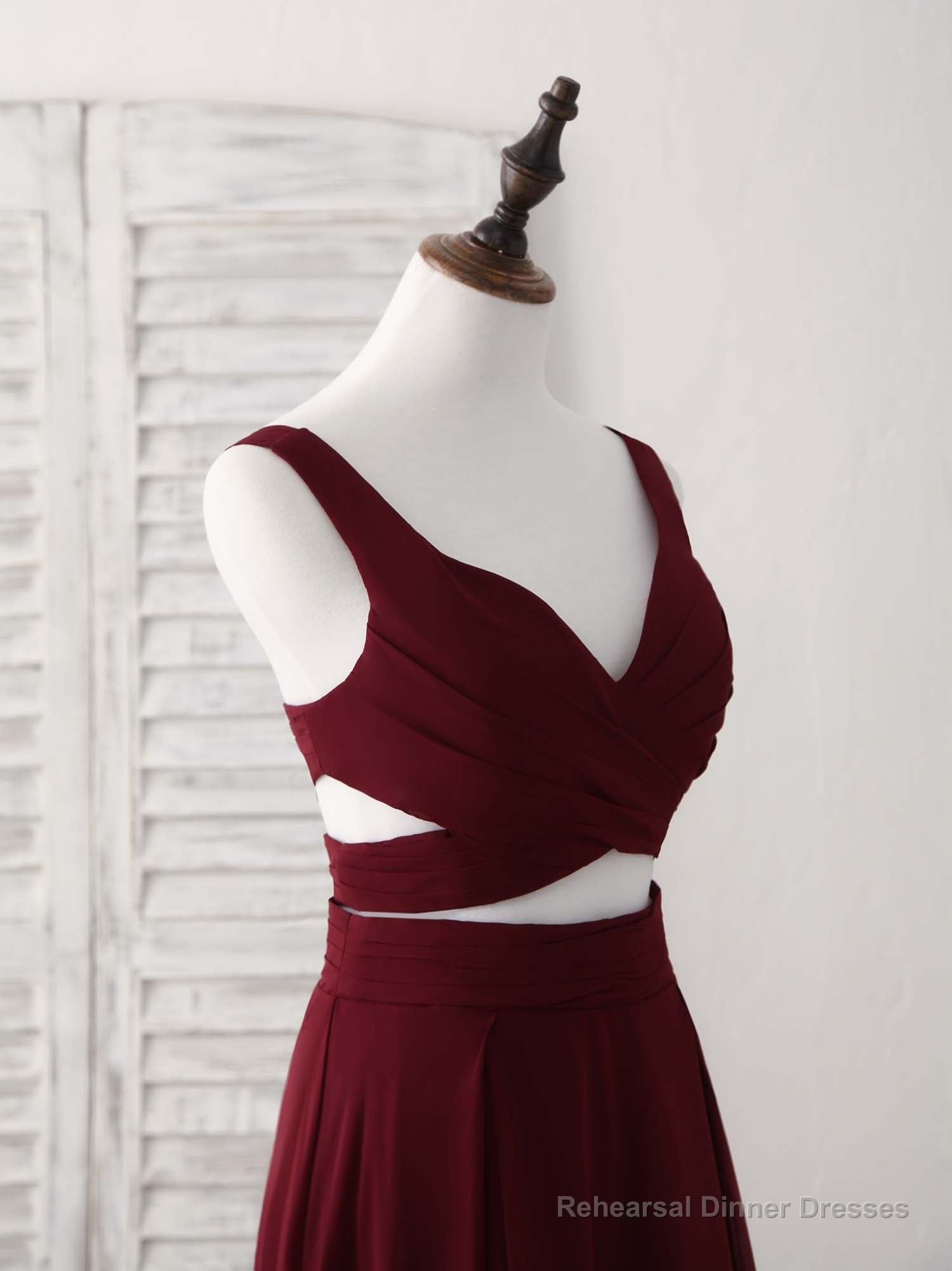 Burgundy Two Pieces Chiffon Long Prom Dress, Evening Dress