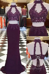 Burgundy Two Pieces Lace Long Evening Prom Dress, Evening Dress