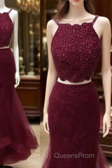 Burgundy Two Pieces Lace Tulle Long Evening Prom Dress