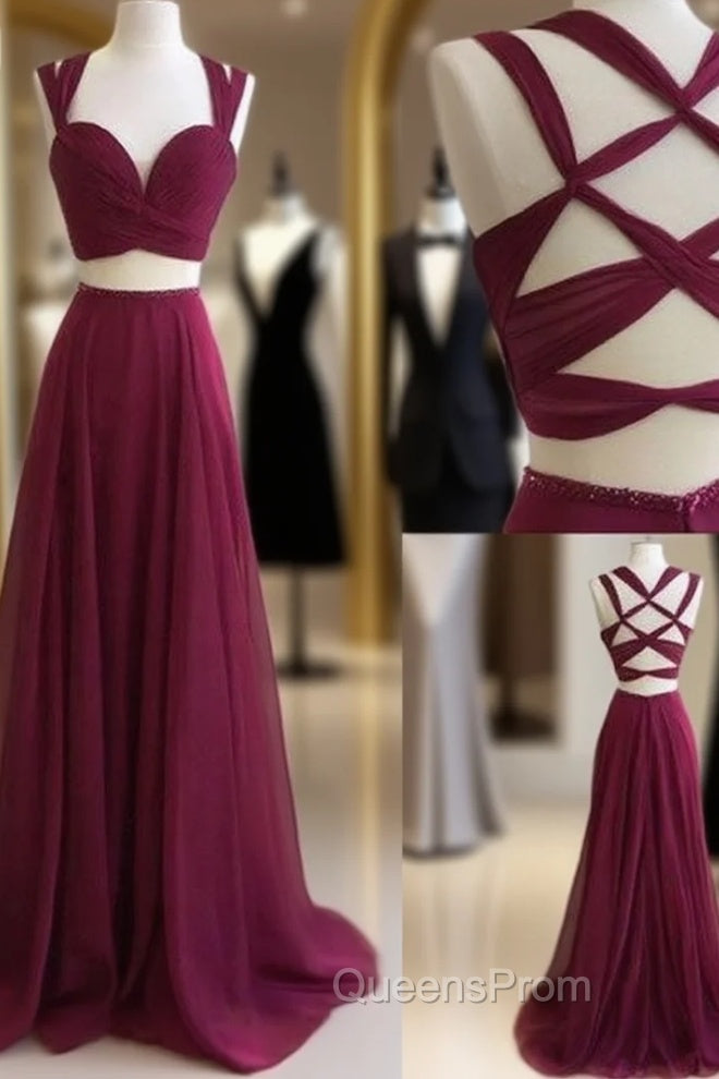 Burgundy Two Pieces Long Evening Prom Dress, Burgundy Evening Dress Main image
