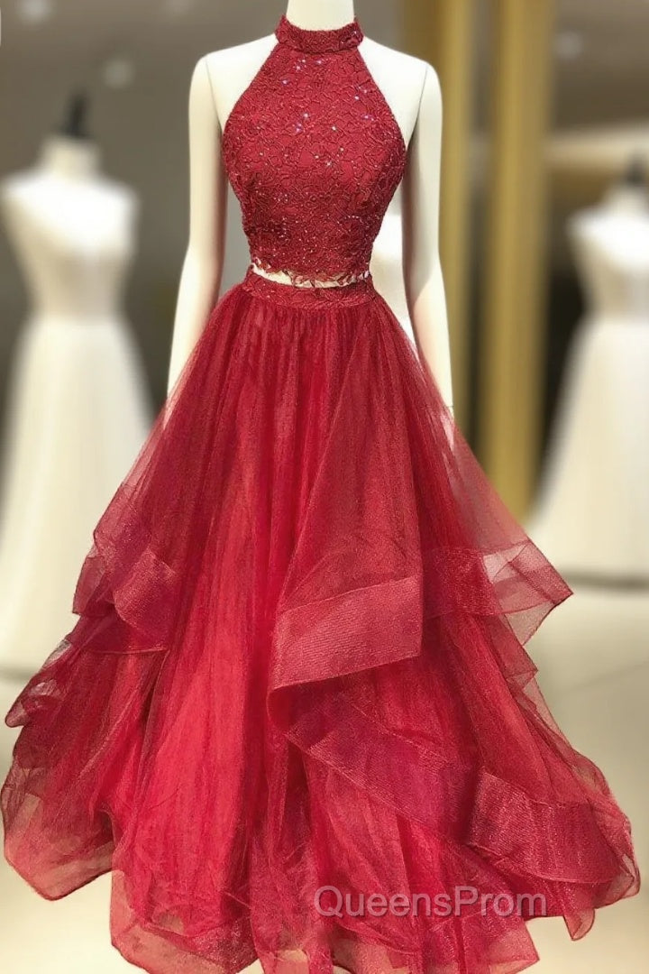 Burgundy Two Pieces Tulle Lace Long Evening Prom Dress, Lace Evening Dress Main image