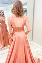 Burgundy V Neck Backless Long Prom Dress with Lace