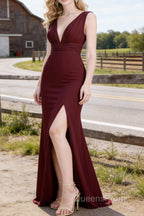Burgundy V Neck Chiffon Bridesmaid Dress Long Prom Dress With Pleated Split