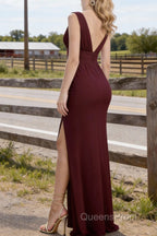 Burgundy V Neck Chiffon Bridesmaid Dresses Long Prom Dress With Pleated Split
