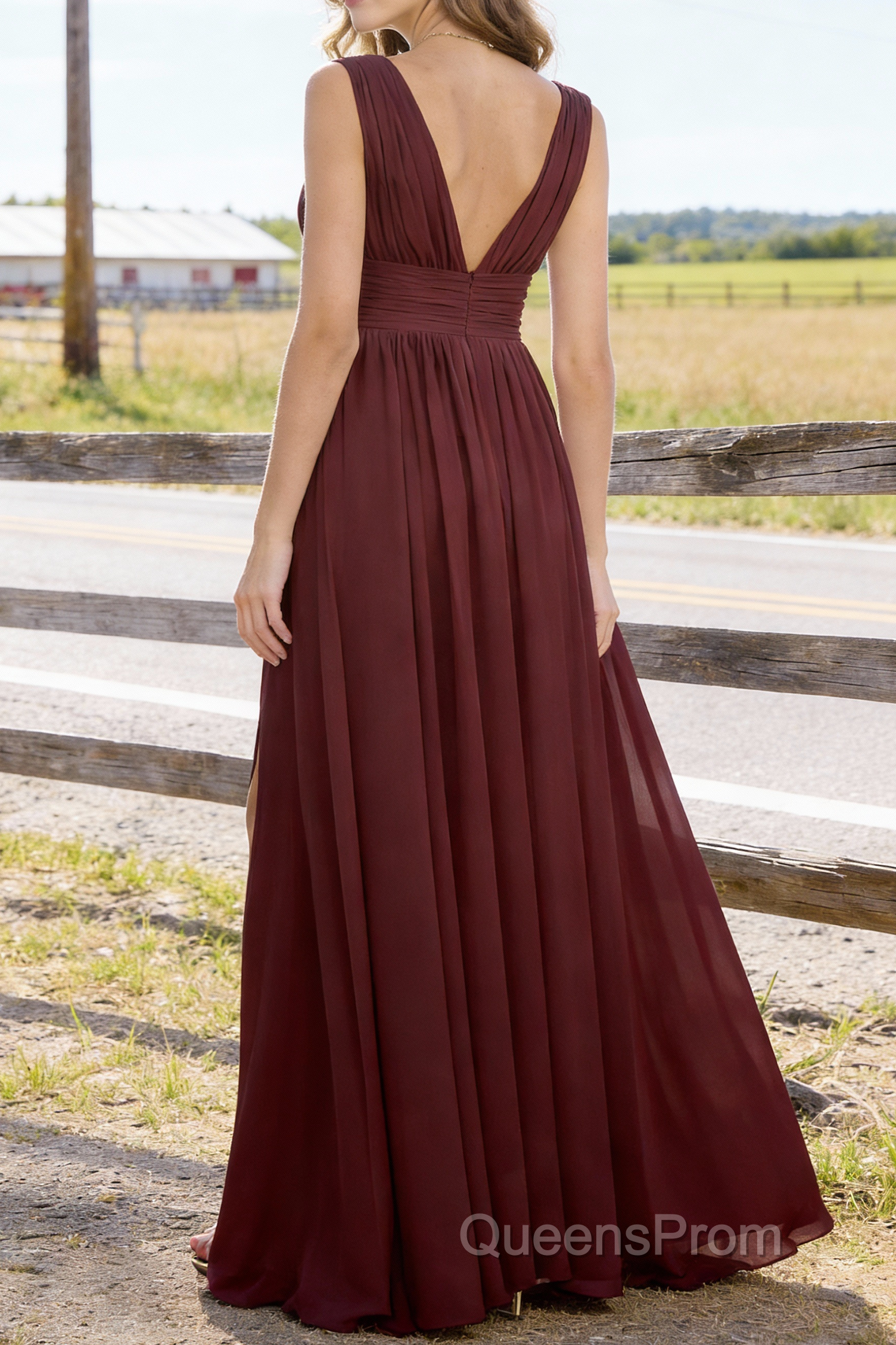 Burgundy V Neck Chiffon Floor Length Bridesmaid Dresses Long Bridesmaid Dress With Pleated Split