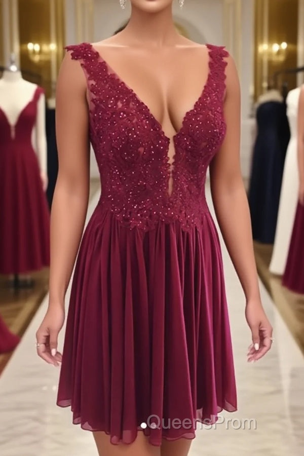 Burgundy v neck chiffon lace short Evening Prom Dress, homecoming Dress Main image