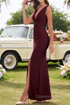 Burgundy V Neck Chiffon Prom Dress Long Bridesmaid Dress With Pleated Split