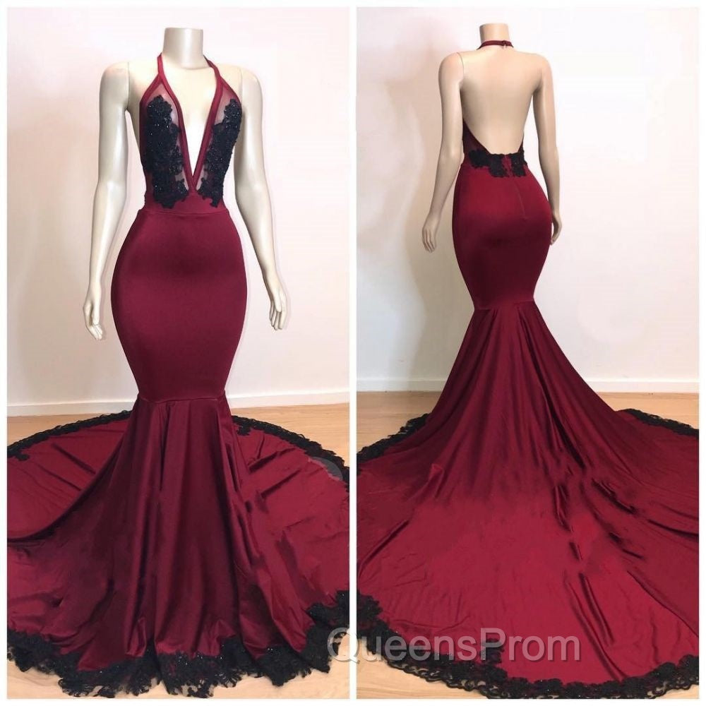 Burgundy V-neck Halter Appliques Long Mermaid Evening Dress Secondary image