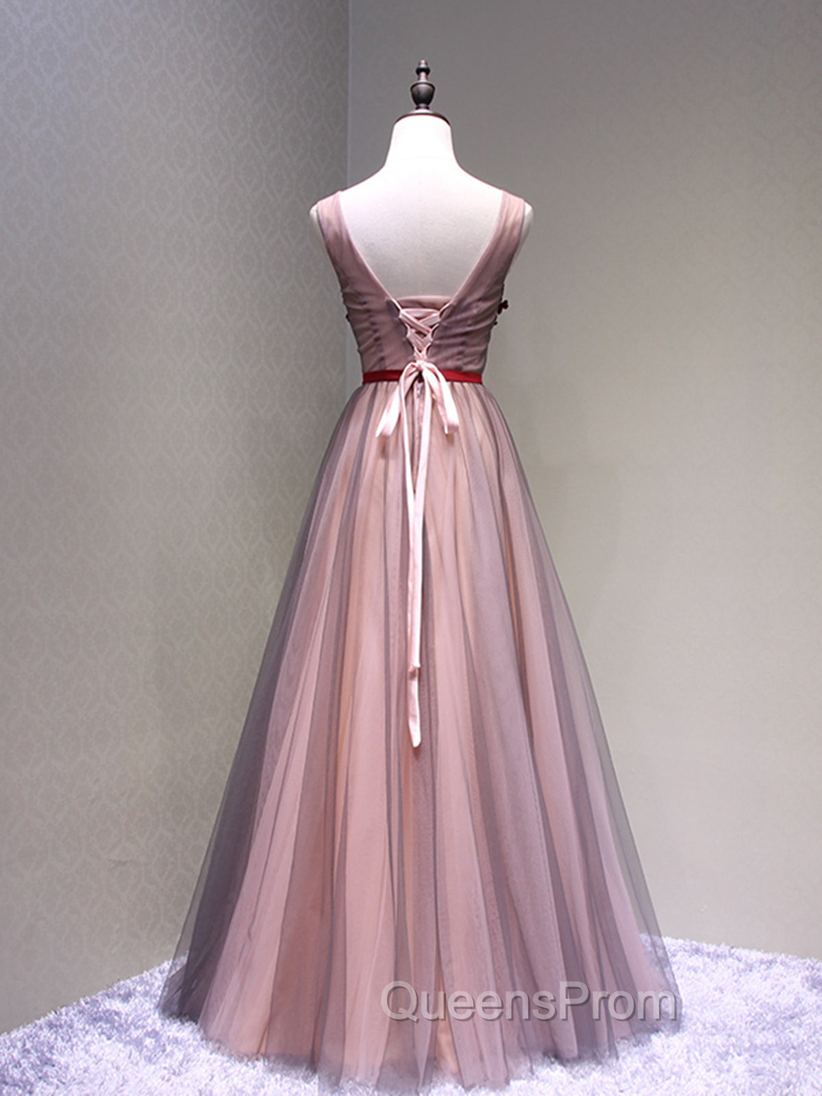 Burgundy V Neck Lace Floral Long Evening Prom Dress, Burgundy V Neck Long Evening Dress Secondary image