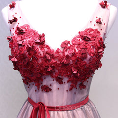Burgundy V Neck Lace Floral Long Evening Prom Dress, Burgundy V Neck Long Evening Dress