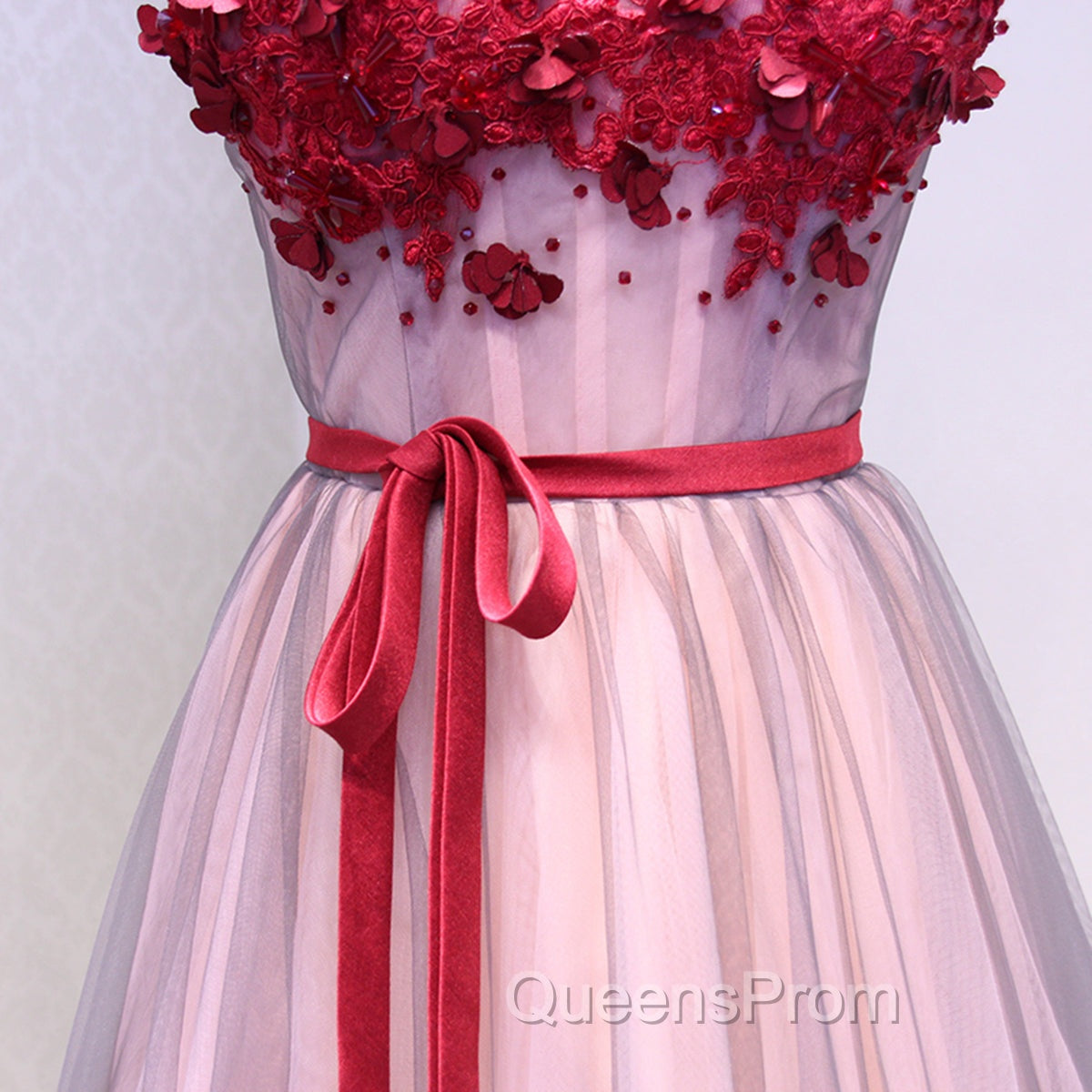Burgundy V Neck Lace Floral Long Evening Prom Dress, Burgundy V Neck Long Evening Dress