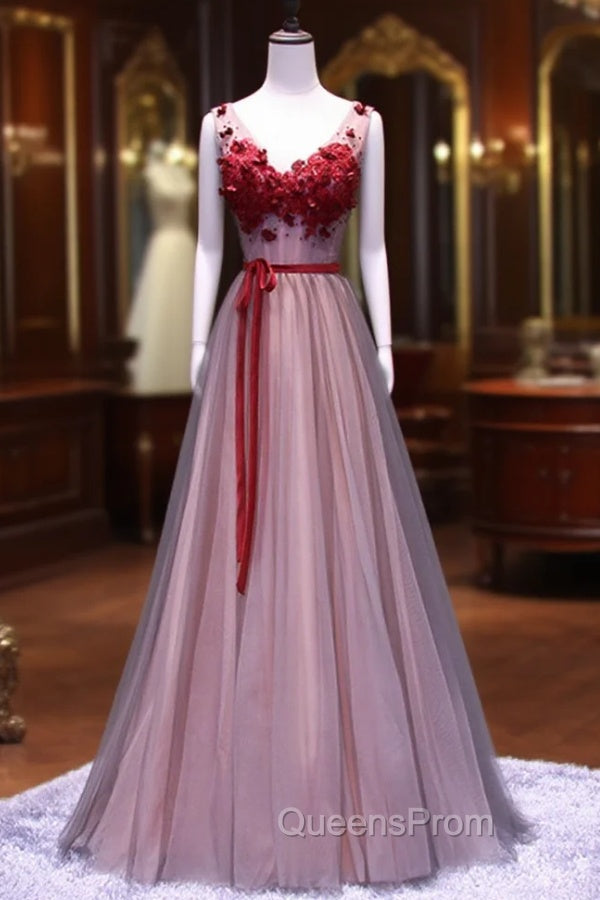 Burgundy V Neck Lace Floral Long Evening Prom Dress, Burgundy V Neck Long Evening Dress