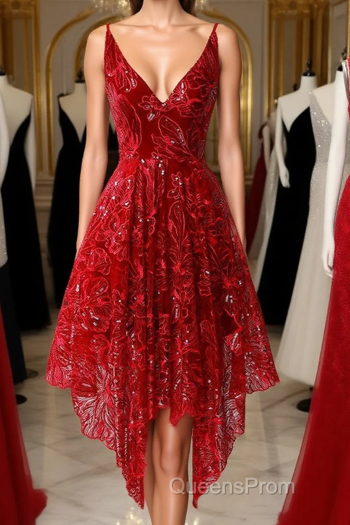Burgundy v neck lace high low Evening Prom Dress lace formal Dress