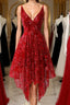 Burgundy v neck lace high low Evening Prom Dress lace formal Dress