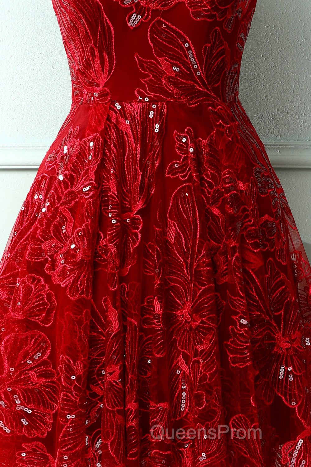 Burgundy v neck lace high low Evening Prom Dress lace formal Dress