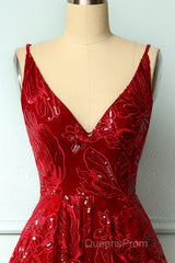 Burgundy v neck lace high low Evening Prom Dress lace formal Dress