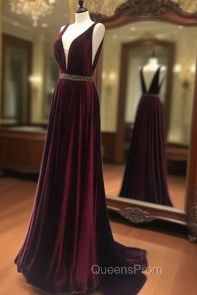 Burgundy V Neck Long Evening Prom Dress, Burgundy Evening Dress Main image