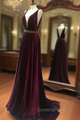 Burgundy V Neck Long Evening Prom Dress, Burgundy Evening Dress