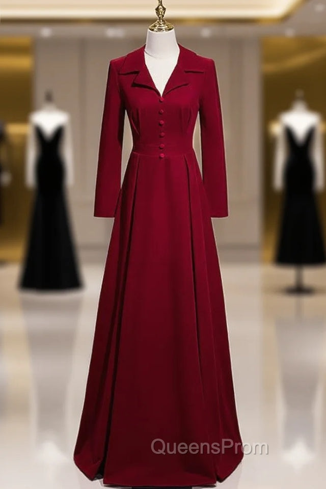 Burgundy V-neck Long Sleeve Evening Prom Dress