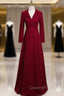 Burgundy V-neck Long Sleeve Evening Prom Dress