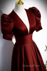 Burgundy V-Neck Satin Long Evening Prom Dress, Simple Short Sleeve Evening Party Dress