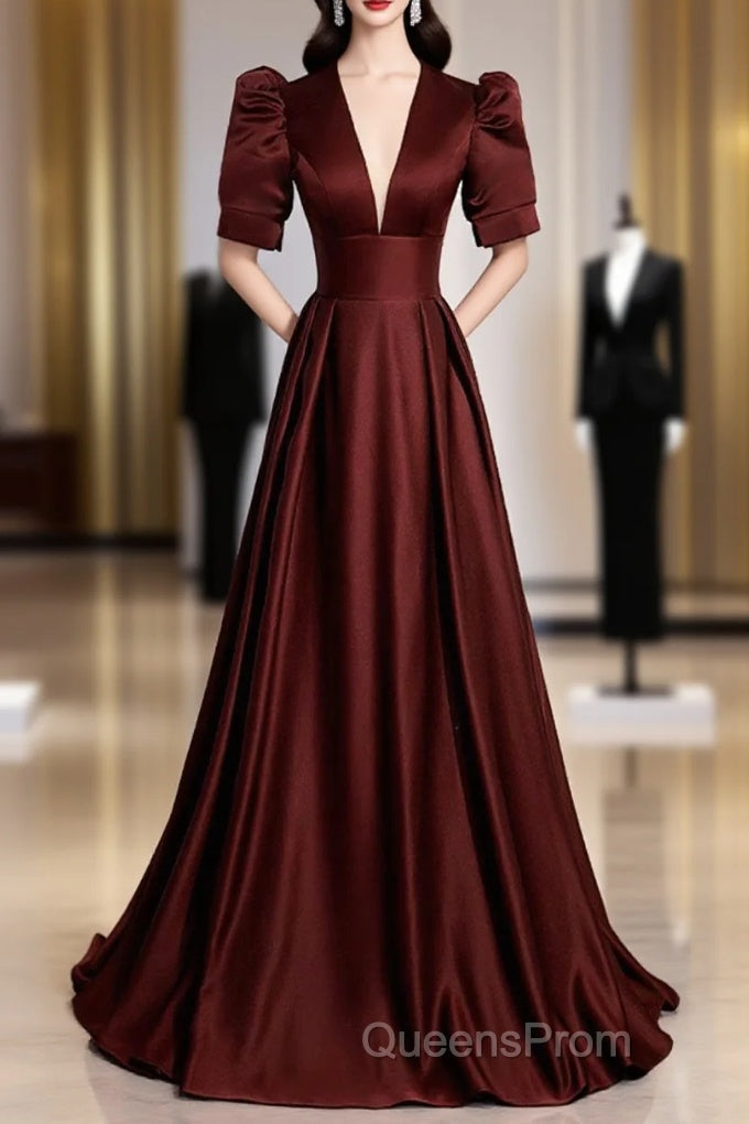 Burgundy V-Neck Satin Long Evening Prom Dress, Simple Short Sleeve Evening Party Dress Main image
