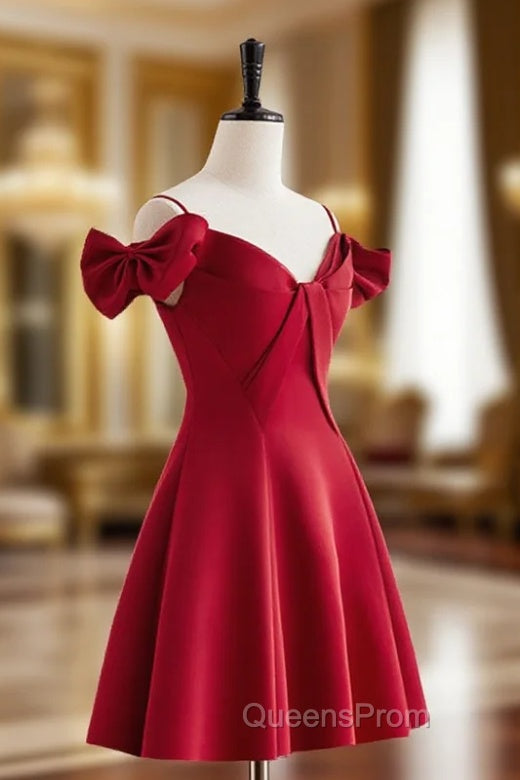 Burgundy  V Neck Satin Short Evening Prom Dress, Burgundy Homecoming Dress