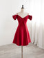 Burgundy  V Neck Satin Short Evening Prom Dress, Burgundy Homecoming Dress