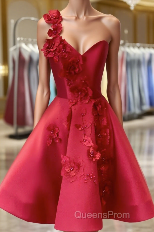 Burgundy v neck satin short Evening Prom Dress one shoulder cocktail Dress Main image