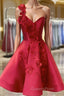 Burgundy v neck satin short Evening Prom Dress one shoulder cocktail Dress