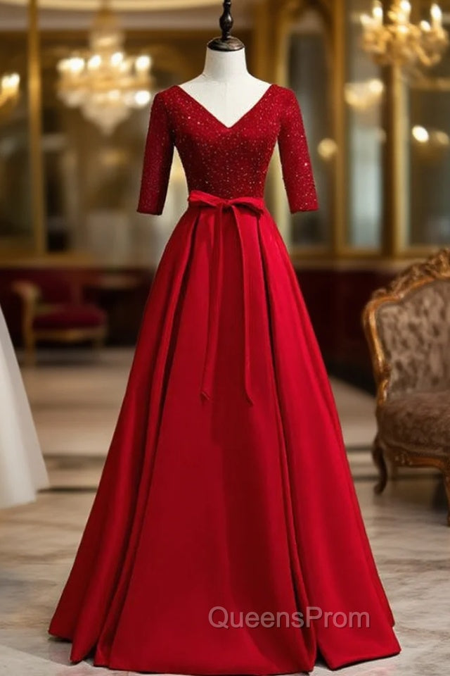 Burgundy V-neck Satin Short Sleeve Sequins Evening Prom Dress Main image