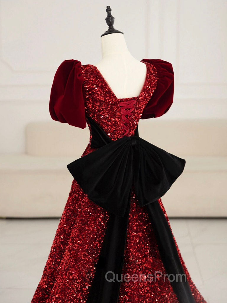 Burgundy V Neck Sequin Long Evening Prom Dress, Burgundy Evening Dress