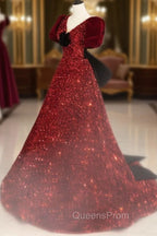 Burgundy V Neck Sequin Long Evening Prom Dress, Burgundy Evening Dress