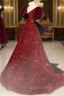 Burgundy V Neck Sequin Long Evening Prom Dress, Burgundy Evening Dress