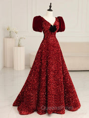 Burgundy V Neck Sequin Long Evening Prom Dress, Burgundy Evening Dress