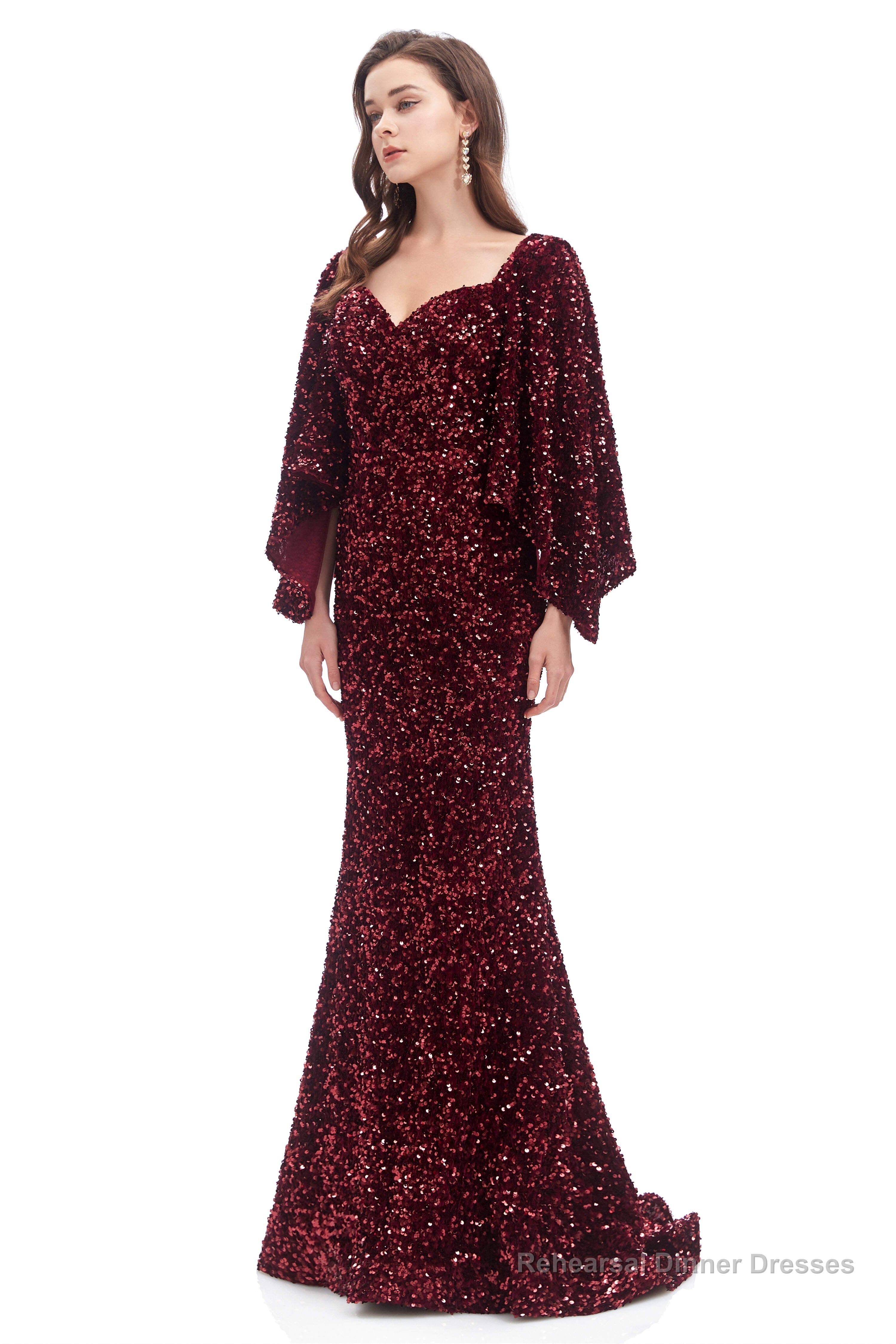 V-Neck Sequins Mermaid Prom Dresses with Sleeves