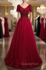 Burgundy V-neck Short Sleeve Beading Evening Prom Dress