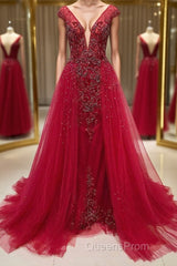 Burgundy v neck tulle beads long Evening Prom Dress, burgundy evening Dress