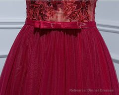 Burgundy V Neck Tulle Lace Long Prom Dress, Burgundy Evening Dress