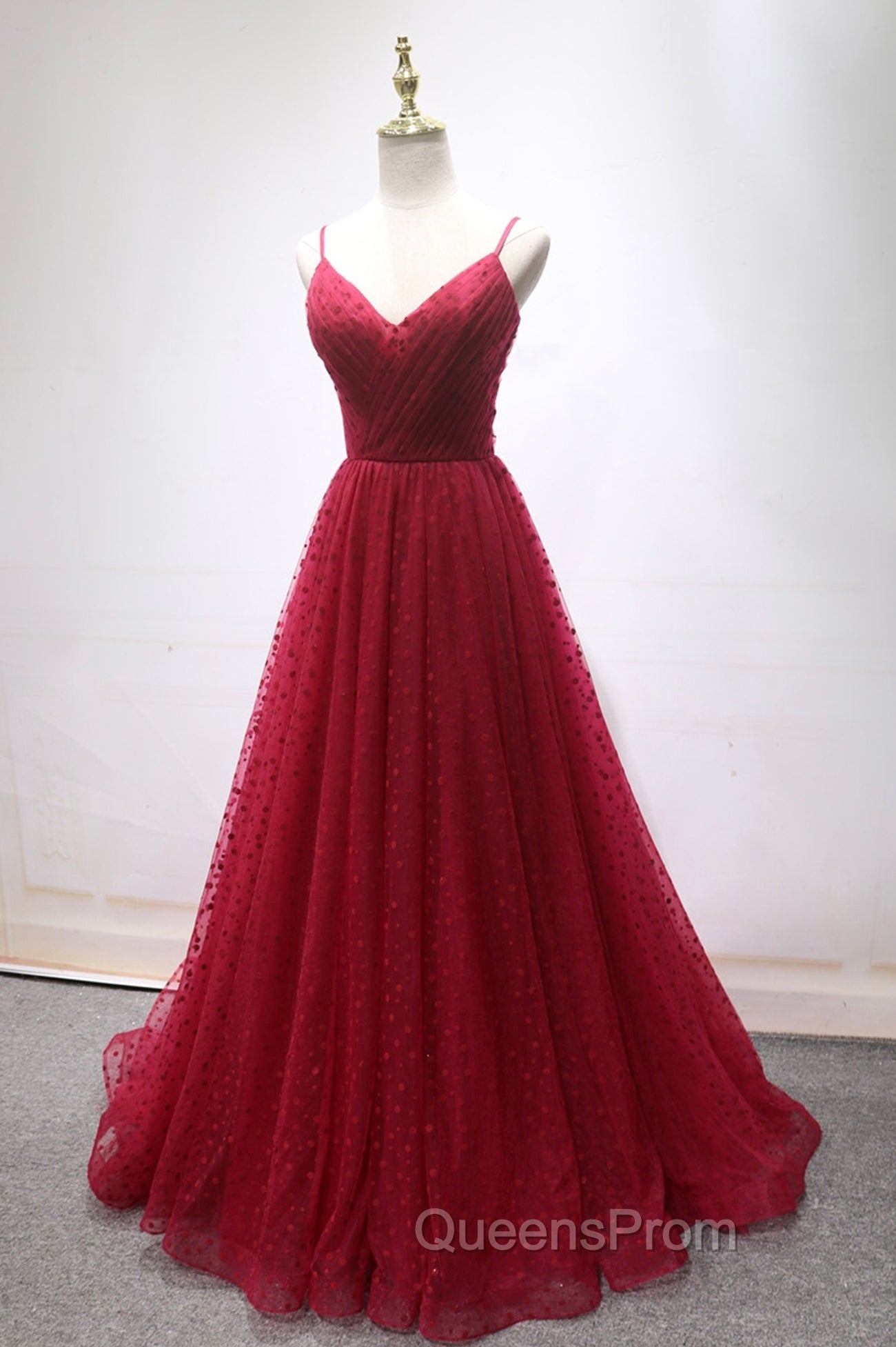 Burgundy V-Neck Tulle Long Evening Prom Dress, A-Line Backless Evening Party Dress Secondary image