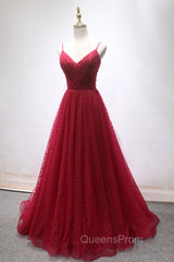 Burgundy V-Neck Tulle Long Evening Prom Dress, A-Line Backless Evening Party Dress