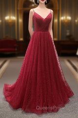 Burgundy V-Neck Tulle Long Evening Prom Dress, A-Line Backless Evening Party Dress